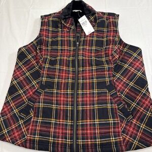 VEST Y2K Coldwater Creek Flannel Faux Fur Lining - Plaid/Black - WOMENS 1X NWT
